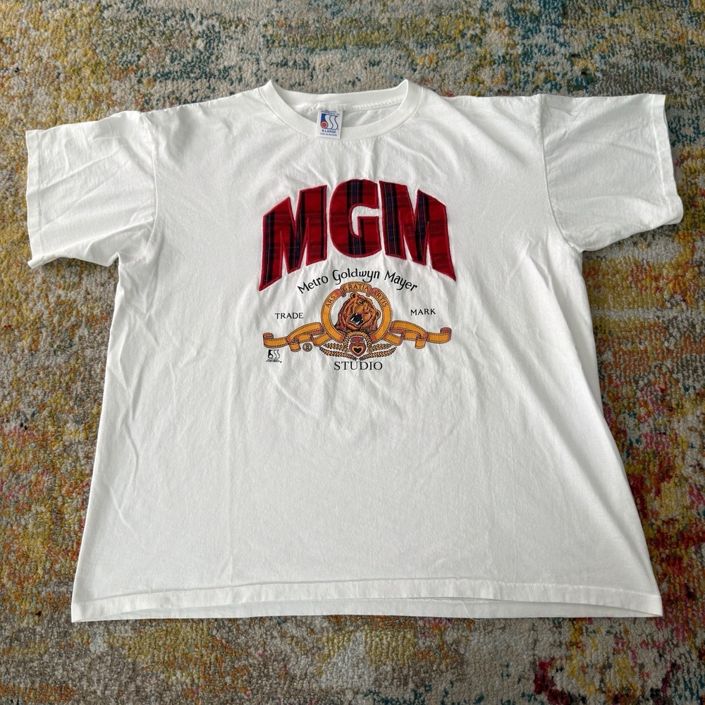 Vintage 90s MGM Studios Plaid Applique Graphic T-Shirt XL - Metro Goldwyn Mayer